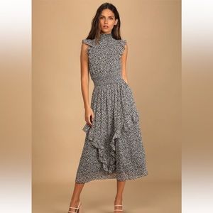 Evalina Black Floral Print Mock Neck Midi Dress